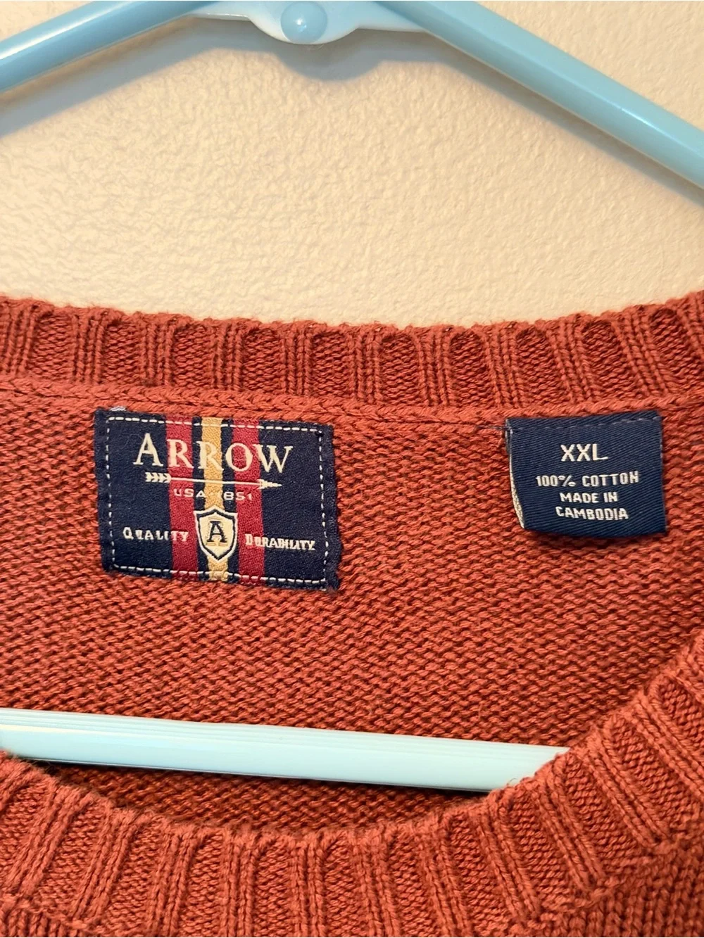Men's Arrow Rust Orange Cotton Striped Crewneck Sweater